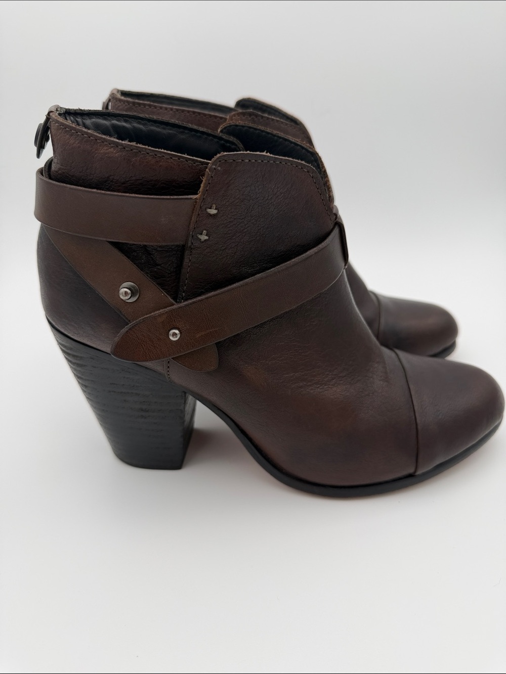 Rag & Bone Harrow Brown Leather Wrap Ankle Booties 3.75” Heels 8.5 Country Class